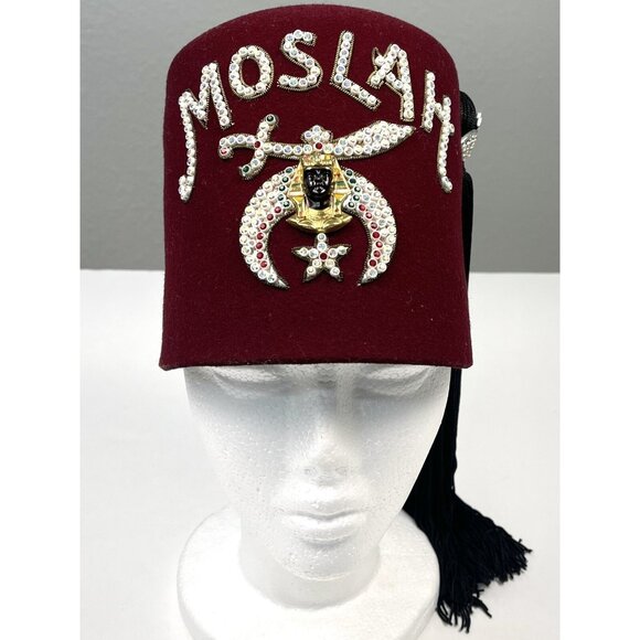MOSLAH Shriners SIZE 7 Harry M. Osers Felt Rhinestone Jeweled FEZ Cap Hat Tassel - Picture 1 of 13